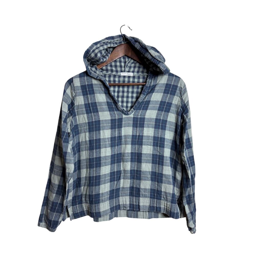 CP Shades x Free People Abbie Plaid Hooded Pullover TOp size M Blue Sage